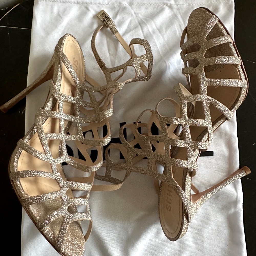 SCHUTZ Gold Strappy Heels Sandals, Elegant High Heels